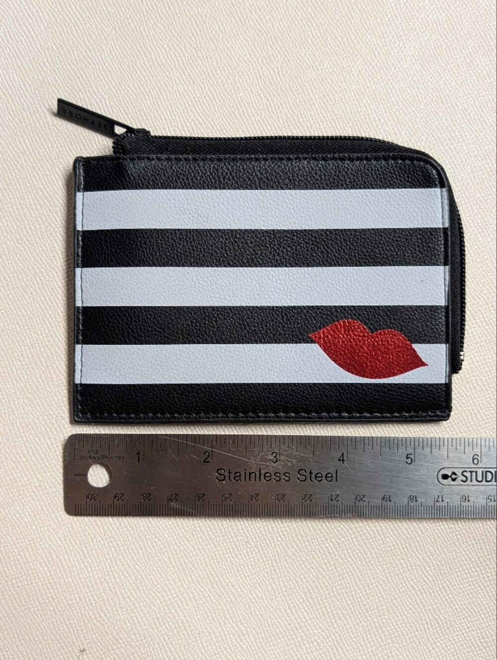 Striped Zip Card Wallet with Red Lip Accent Sephora Beauty Bag